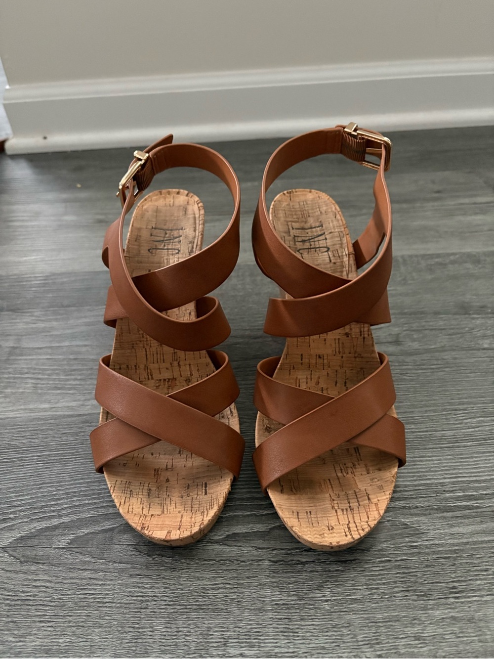 INC Women's Strappy Cork Wedge Sandals with Ankle Buckle. Size 9.5
